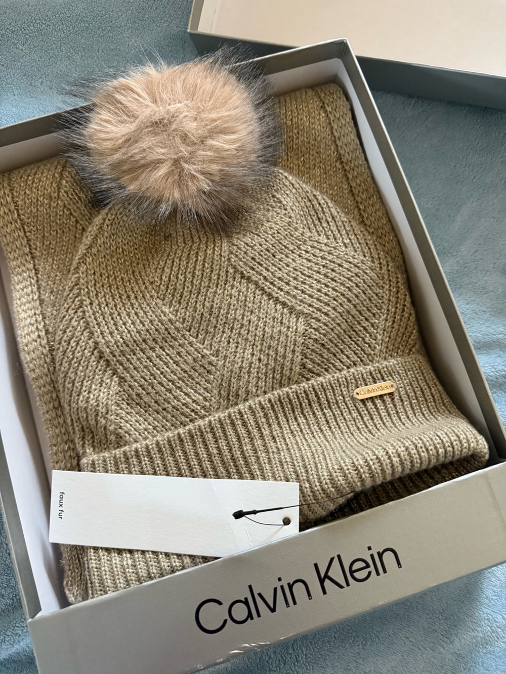 Calvin Klein Taupe Knit Beanie with Scarf set